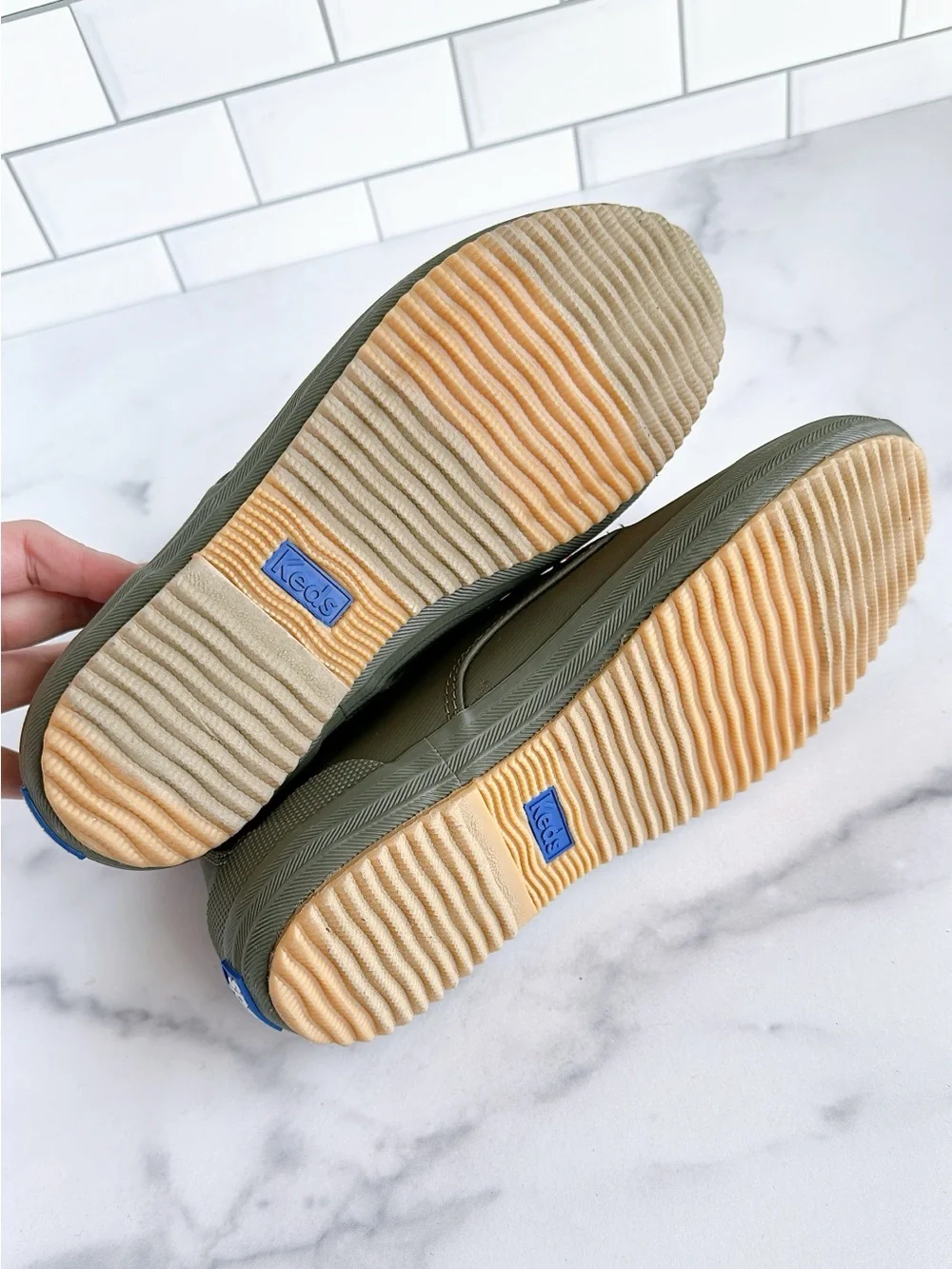 Keds Olive Green Striped High-Top Lace-Up Sneakers with Orange Pull Tabs